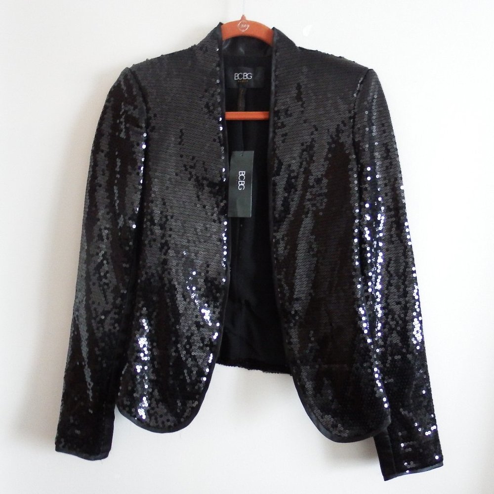 NWT BCBG Paris Womens Black Lined Sequin Satin Blazer 4